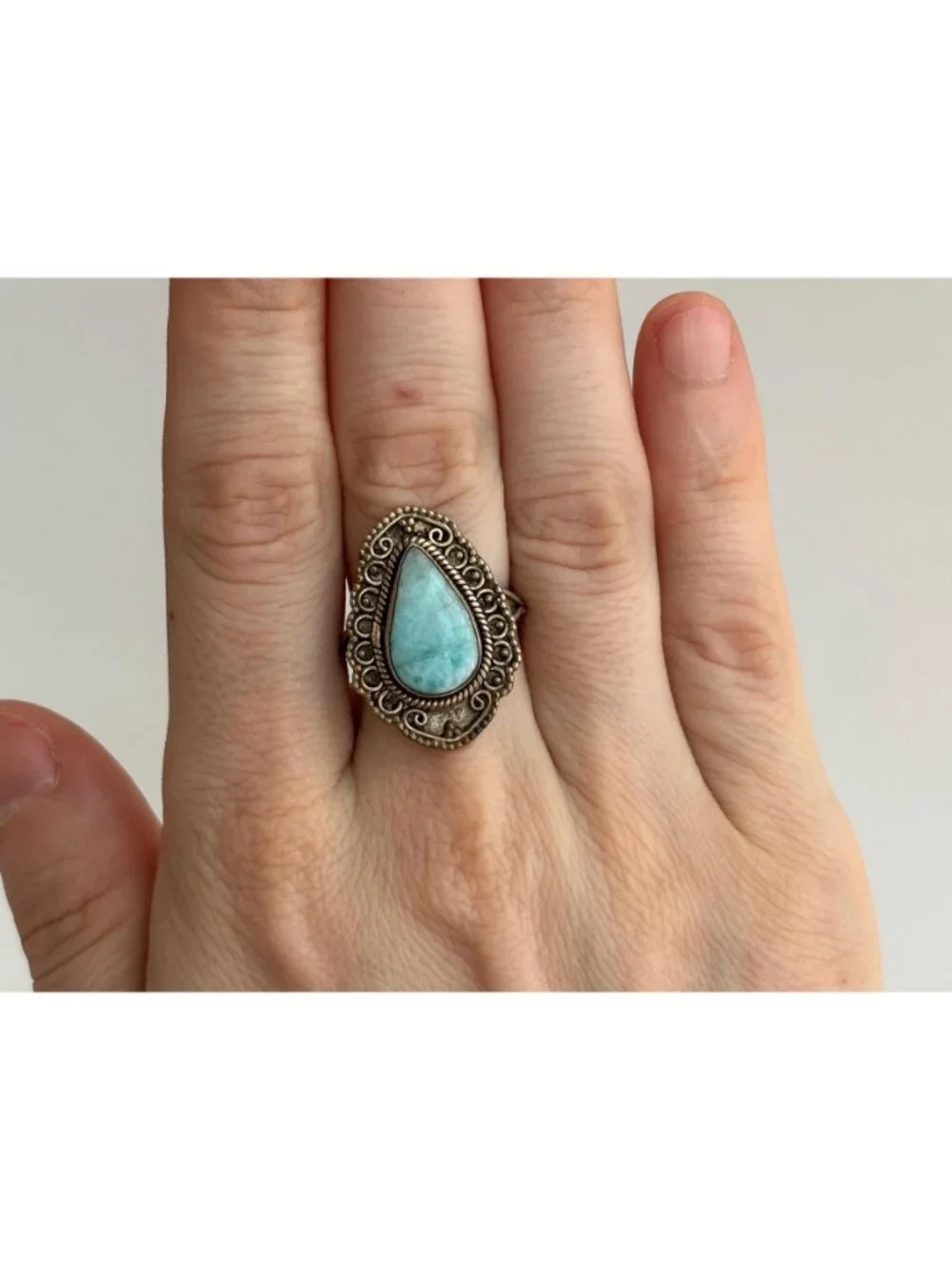 Blue Larimar Gemstone Scalloped Oxidized Sterling Silver 925 Vintage Ring - sz 8